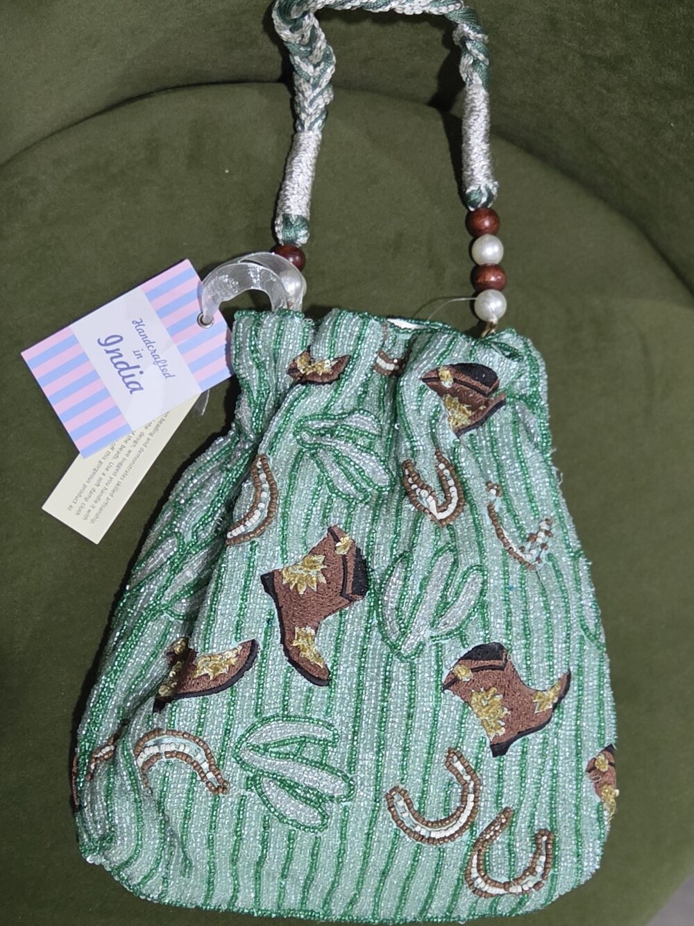 Beaded Drawstring Bag - Green Embroidered Western Motif